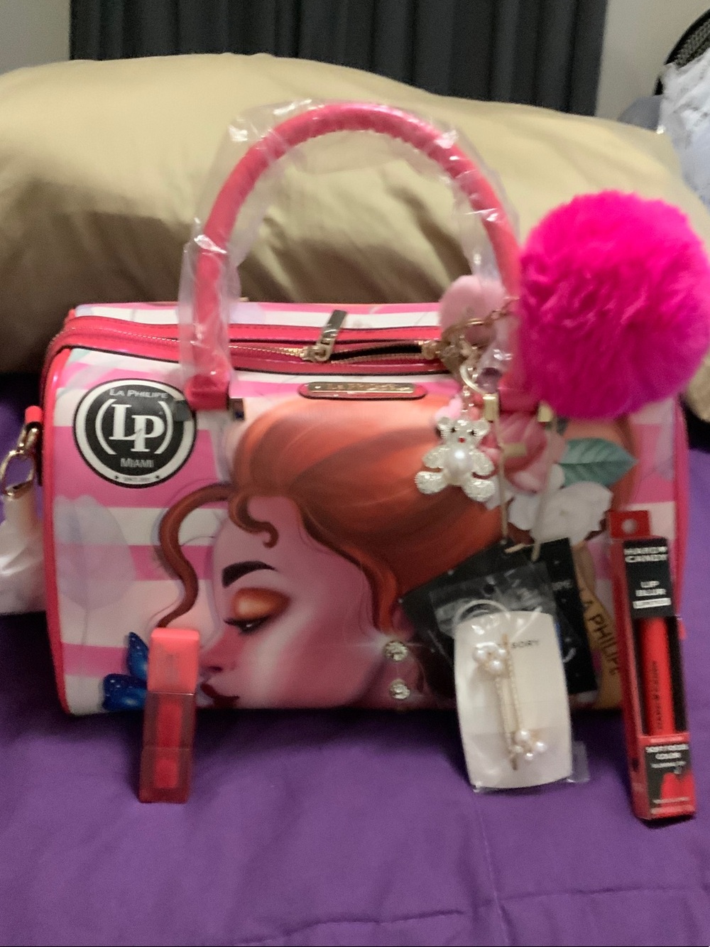 Pink Graphic Dome Satchel Handbag with Pom Pom Charm